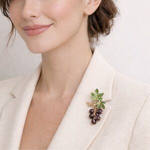 Whimsical Gold & Purple Beaded Grape Fruit Brooch with Crystal Accents